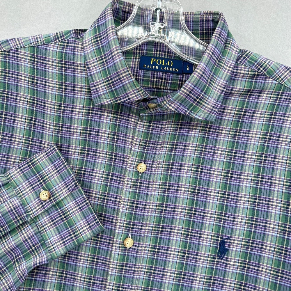 Polo Ralph Lauren Shirt Mens‎ Large Purple Plaid Button Up  Spread Dress Shirt
